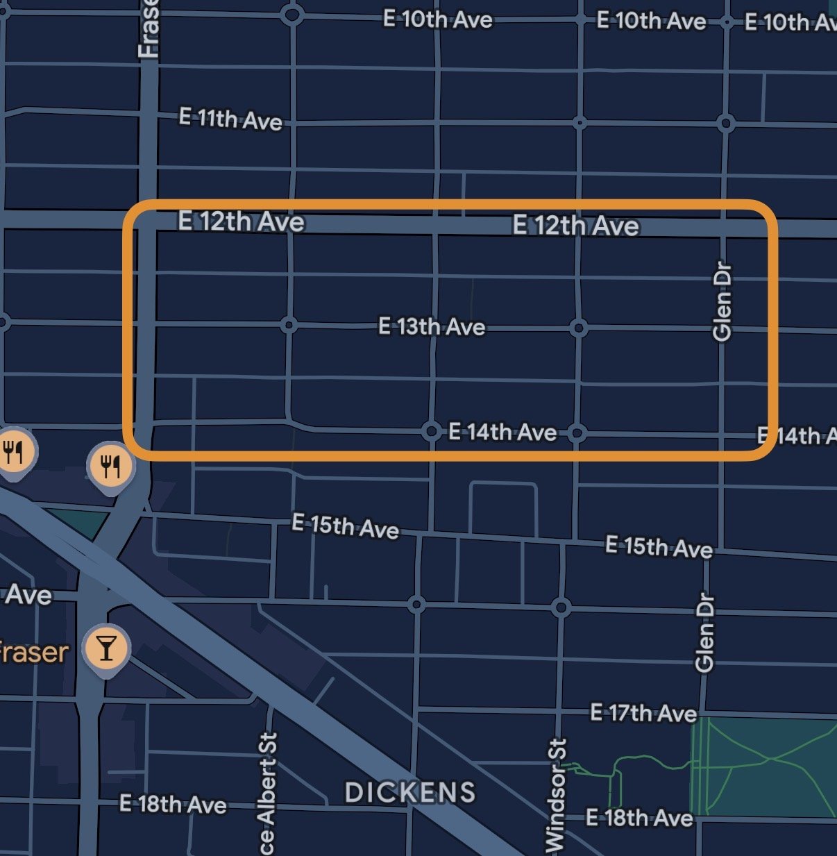 Map showing search zone — E 12th to E 14th Ave near Fraser St, Vancouver